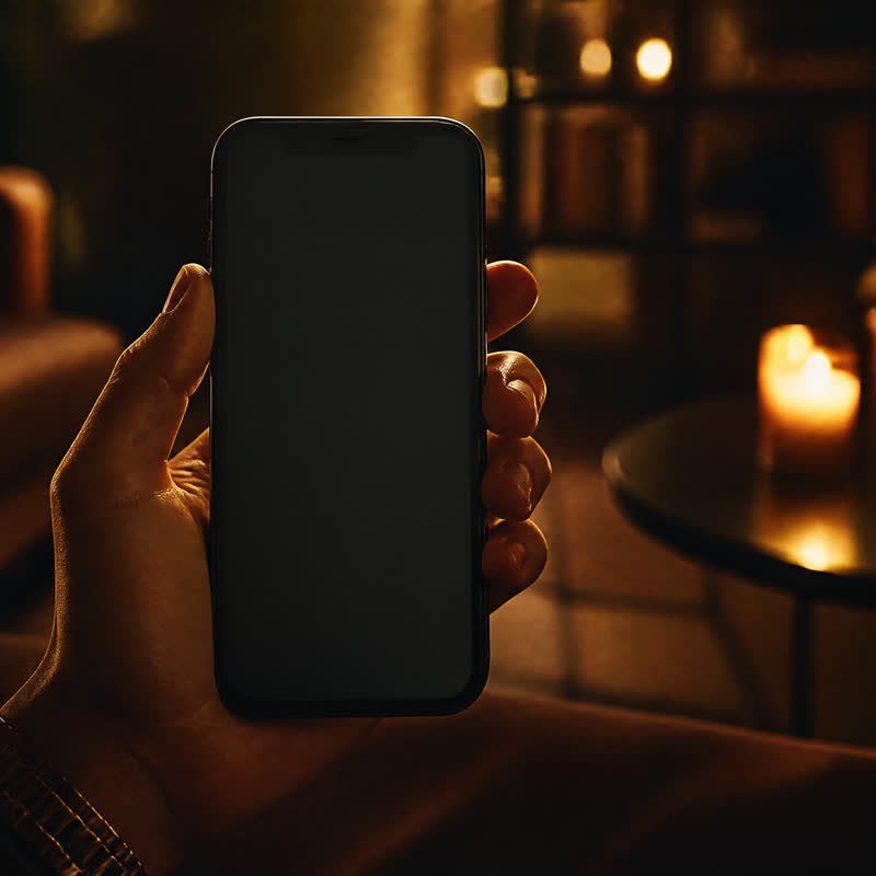 Hand mit Smartphone im warmen Abendlicht eines Wohnzimmers