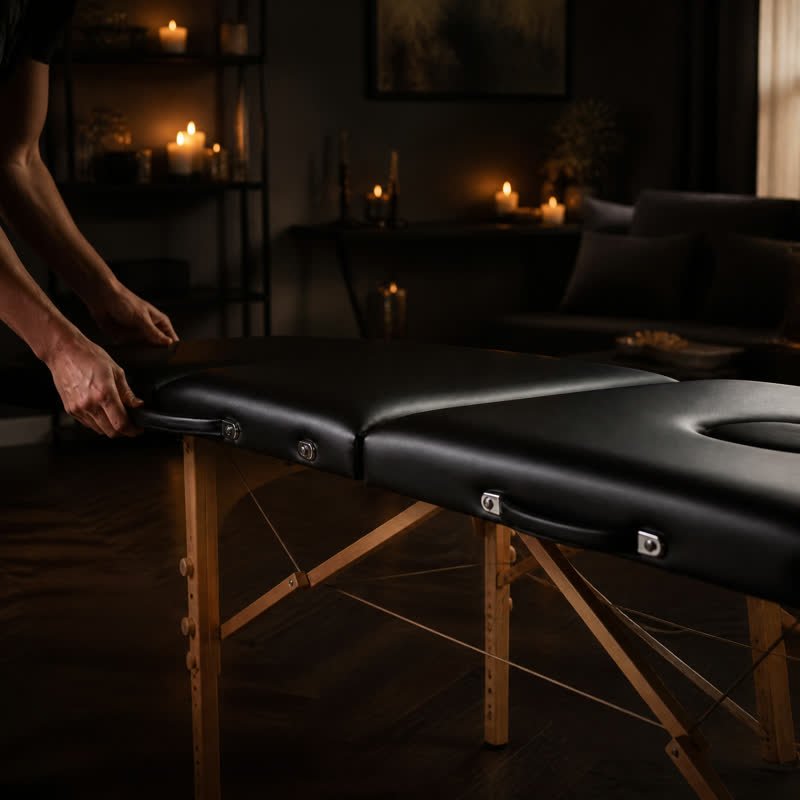 Hände klappen eine Massageliege in einem kerzenbeleuchteten Wohnzimmer auf