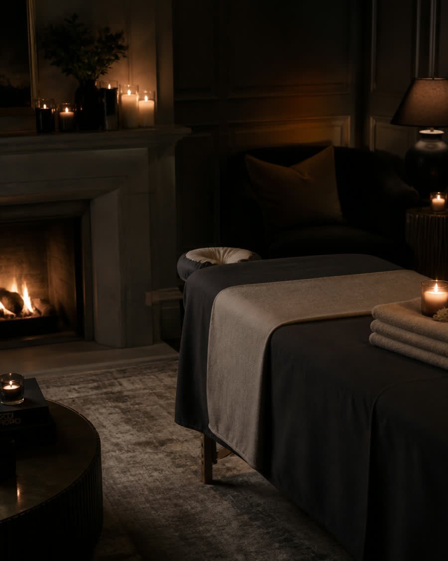 Aufgebaute Massageliege mit frischen Auflagen vor einem Kamin, ringsum brennende Kerzen
