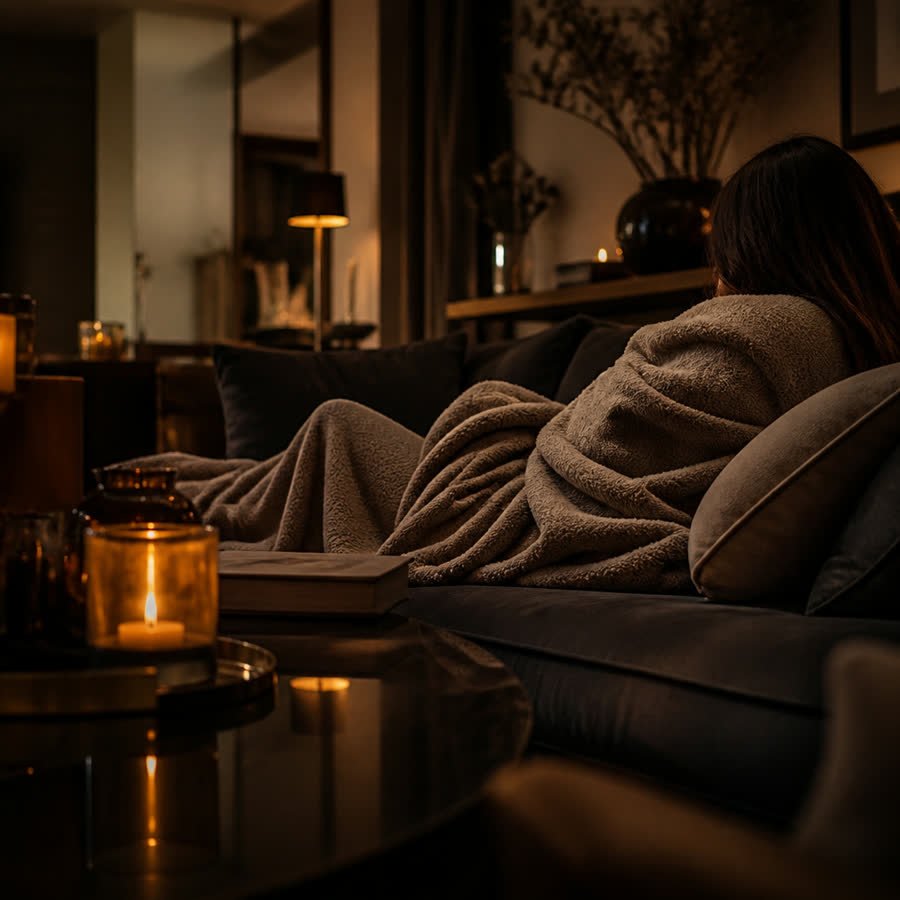 Person ruht nach der Behandlung in eine Decke gehüllt auf dem Sofa, Kerzenlicht daneben
