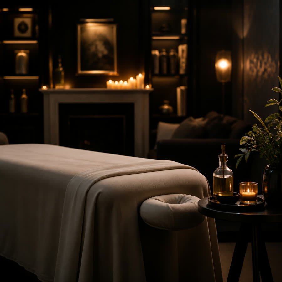 Aufgebaute Massageliege mit frischen Auflagen, Massageöl und Kerzen in einem eleganten Wohnzimmer