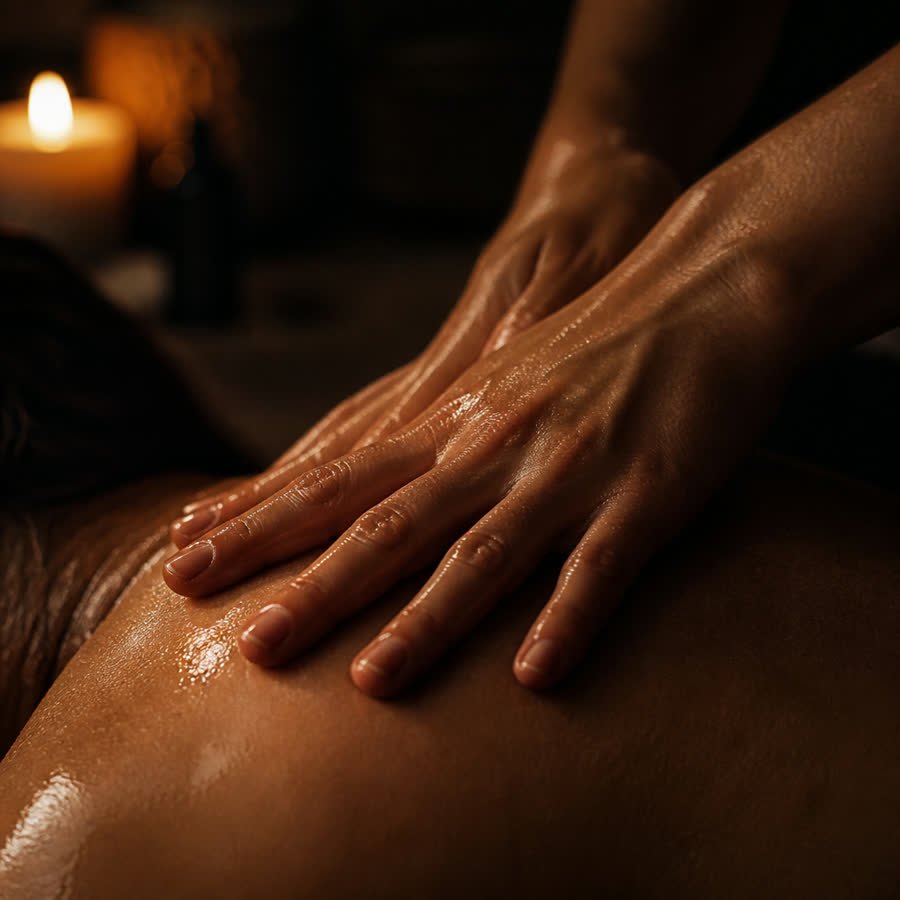 Nahaufnahme ruhiger Hände auf einer Schulter während der Massage, Haut glänzt von warmem Öl